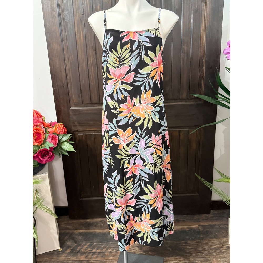 Billabong Womens Floral Tropical Midi Dress Black Pink Orange Sz M Adjustable